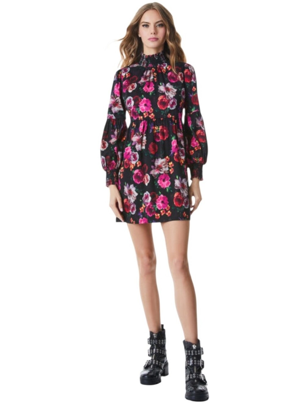 Alice + Olivia Thea Black Pink Floral Mini babydoll Dress in Midnight Rose